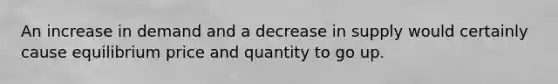 An increase in demand and a decrease in supply would certainly cause equilibrium price and quantity to go up.