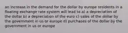 an increase in the demand for the dollar by europe residents in a floating exchange rate system will lead to a) a depreciation of the dollar b) a depreciation of the euro c) sales of the dollar by the government in us or europe d) purchases of the dollar by the government in us or europe