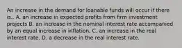 An increase in the demand for loanable funds will occur if there is.. A. an increase in expected profits from firm investment projects B. an increase in the nominal interest rate accompanied by an equal increase in inflation. C. an increase in the real interest rate. D. a decrease in the real interest rate.