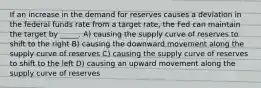 If an increase in the demand for reserves causes a deviation in the federal funds rate from a target rate, the Fed can maintain the target by _____. A) causing the supply curve of reserves to shift to the right B) causing the downward movement along the supply curve of reserves C) causing the supply curve of reserves to shift to the left D) causing an upward movement along the supply curve of reserves