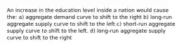 An increase in the education level inside a nation would cause the: a) aggregate demand curve to shift to the right b) long-run aggregate supply curve to shift to the left c) short-run aggregate supply curve to shift to the left. d) long-run aggregate supply curve to shift to the right