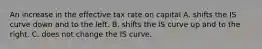 An increase in the effective tax rate on capital A. shifts the IS curve down and to the left. B. shifts the IS curve up and to the right. C. does not change the IS curve.