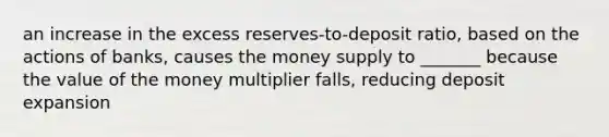 an increase in the excess reserves-to-deposit ratio, based on the actions of banks, causes the money supply to _______ because the value of the money multiplier falls, reducing deposit expansion