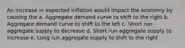 An increase in expected inflation would impact the economy by causing the a. Aggregate demand curve to shift to the right b. Aggregate demand curve to shift to the left c. Short run aggregate supply to decrease d. Short run aggregate supply to increase e. Long run aggregate supply to shift to the right