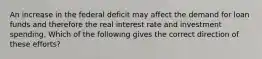 An increase in the federal deficit may affect the demand for loan funds and therefore the real interest rate and investment spending. Which of the following gives the correct direction of these efforts?