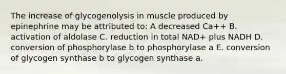 The increase of glycogenolysis in muscle produced by epinephrine may be attributed to: A decreased Ca++ B. activation of aldolase C. reduction in total NAD+ plus NADH D. conversion of phosphorylase b to phosphorylase a E. conversion of glycogen synthase b to glycogen synthase a.