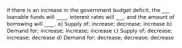 If there is an increase in the government budget deficit, the ___ loanable funds will ____, interest rates will ___, and the amount of borrowing will ____. a) Supply of; increase; decrease; increase b) Demand for; increase; increase; increase c) Supply of; decrease; increase; decrease d) Demand for; decrease; decrease; decrease