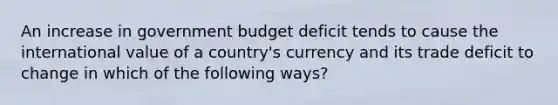 An increase in government budget deficit tends to cause the international value of a country's currency and its trade deficit to change in which of the following ways?