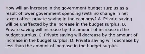 How will an increase in the government budget surplus as a result of lower government spending​ (with no change in net​ taxes) affect private saving in the​ economy? A. Private saving will be unaffected by the increase in the budget surplus. B. Private saving will increase by the amount of increase in the budget surplus. C. Private saving will decrease by the amount of increase in the budget surplus. D. Private saving will decrease by less than the amount of increase in the budget surplus.