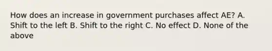 How does an increase in government purchases affect AE? A. Shift to the left B. Shift to the right C. No effect D. None of the above