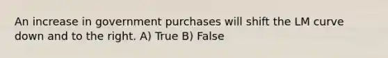 An increase in government purchases will shift the LM curve down and to the right. A) True B) False