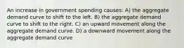 An increase in government spending causes: A) the aggregate demand curve to shift to the left. B) the aggregate demand curve to shift to the right. C) an upward movement along the aggregate demand curve. D) a downward movement along the aggregate demand curve