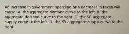 An increase in government spending or a decrease in taxes will cause: A. the aggregate demand curve to the left. B. the aggregate demand curve to the right. C. the SR aggregate supply curve to the left. D. the SR aggregate supply curve to the right.