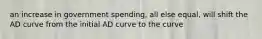 an increase in government spending, all else equal, will shift the AD curve from the initial AD curve to the curve