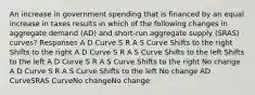 An increase in government spending that is financed by an equal increase in taxes results in which of the following changes in aggregate demand (AD) and short-run aggregate supply (SRAS) curves? Responses A D Curve S R A S Curve Shifts to the right Shifts to the right A D Curve S R A S Curve Shifts to the left Shifts to the left A D Curve S R A S Curve Shifts to the right No change A D Curve S R A S Curve Shifts to the left No change AD CurveSRAS CurveNo changeNo change