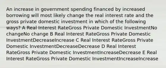 An increase in government spending financed by increased borrowing will most likely change the real interest rate and the gross private domestic investment in which of the following ways? A Real Interest RateGross Private Domestic InvestmentNo changeNo change B Real Interest RateGross Private Domestic InvestmentDecreaseIncrease C Real Interest RateGross Private Domestic InvestmentDecreaseDecrease D Real Interest RateGross Private Domestic InvestmentIncreaseDecrease E Real Interest RateGross Private Domestic InvestmentIncreaseIncrease