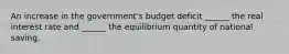 An increase in the government's budget deficit ______ the real interest rate and ______ the equilibrium quantity of national saving.