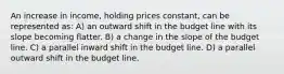 An increase in income, holding prices constant, can be represented as: A) an outward shift in the budget line with its slope becoming flatter. B) a change in the slope of the budget line. C) a parallel inward shift in the budget line. D) a parallel outward shift in the budget line.