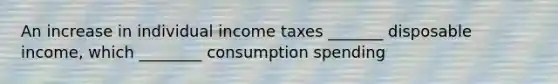 An increase in individual income taxes _______ disposable income, which ________ consumption spending