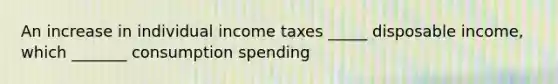 An increase in individual income taxes _____ disposable income, which _______ consumption spending