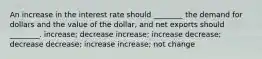 An increase in the interest rate should ________ the demand for dollars and the value of the dollar, and net exports should ________. increase; decrease increase; increase decrease; decrease decrease; increase increase; not change