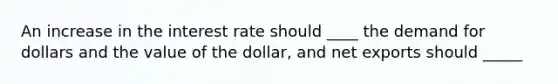 An increase in the interest rate should ____ the demand for dollars and the value of the dollar, and net exports should _____