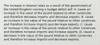 The increase in interest rates as a result of the government of the United Kingdom running a budget deficit​ will: A. cause an increase in the value of the pound relative to other currencies and therefore decrease imports and decrease exports. B. cause an increase in the value of the pound relative to other currencies and therefore increase imports and decrease exports. C. cause an increase in the value of the pound relative to other currencies and therefore increase imports and increase exports. D. cause a decrease in the value of the pound relative to other currencies and therefore increase imports and decrease exports.