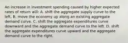 An increase in investment spending caused by higher expected rates of return will: A. shift the aggregate supply curve to the left. B. move the economy up along an existing aggregate demand curve. C. shift the aggregate expenditures curve downward and the aggregate demand curve to the left. D. shift the aggregate expenditures curve upward and the aggregate demand curve to the right.