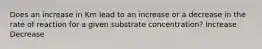 Does an increase in Km lead to an increase or a decrease in the rate of reaction for a given substrate concentration? Increase Decrease