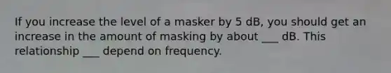 If you increase the level of a masker by 5 dB, you should get an increase in the amount of masking by about ___ dB. This relationship ___ depend on frequency.