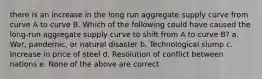 there is an increase in the long run aggregate supply curve from curve A to curve B. Which of the following could have caused the long-run aggregate supply curve to shift from A to curve B? a. War, pandemic, or natural disaster b. Technological slump c. Increase in price of steel d. Resolution of conflict between nations e. None of the above are correct