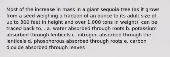 Most of the increase in mass in a giant sequoia tree (as it grows from a seed weighing a fraction of an ounce to its adult size of up to 300 feet in height and over 1,000 tons in weight), can be traced back to... a. water absorbed through roots b. potassium absorbed through lenticels c. nitrogen absorbed through the lenticels d. phosphorous absorbed through roots e. carbon dioxide absorbed through leaves