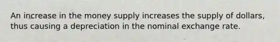 An increase in the money supply increases the supply of dollars, thus causing a depreciation in the nominal exchange rate.