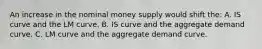 An increase in the nominal money supply would shift the: A. IS curve and the LM curve. B. IS curve and the aggregate demand curve. C. LM curve and the aggregate demand curve.