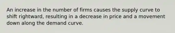 An increase in the number of firms causes the supply curve to shift rightward, resulting in a decrease in price and a movement down along the demand curve.