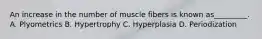 An increase in the number of muscle fibers is known as_________. A. Plyometrics B. Hypertrophy C. Hyperplasia D. Periodization