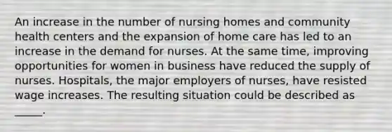 An increase in the number of nursing homes and community health centers and the expansion of home care has led to an increase in the demand for nurses. At the same time, improving opportunities for women in business have reduced the supply of nurses. Hospitals, the major employers of nurses, have resisted wage increases. The resulting situation could be described as _____.