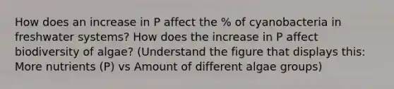 How does an increase in P affect the % of cyanobacteria in freshwater systems? How does the increase in P affect biodiversity of algae? (Understand the figure that displays this: More nutrients (P) vs Amount of different algae groups)