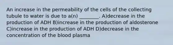 An increase in the permeability of the cells of the collecting tubule to water is due to a(n) ________. A)decrease in the production of ADH B)increase in the production of aldosterone C)increase in the production of ADH D)decrease in the concentration of the blood plasma