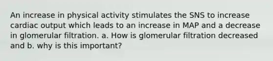 An increase in physical activity stimulates the SNS to increase cardiac output which leads to an increase in MAP and a decrease in glomerular filtration. a. How is glomerular filtration decreased and b. why is this important?