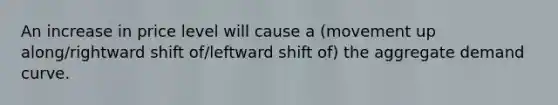 An increase in price level will cause a (movement up along/rightward shift of/leftward shift of) the aggregate demand curve.