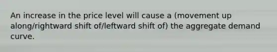 An increase in the price level will cause a (movement up along/rightward shift of/leftward shift of) the aggregate demand curve.