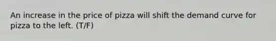 An increase in the price of pizza will shift the demand curve for pizza to the left. (T/F)