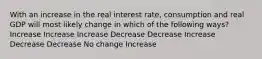 With an increase in the real interest rate, consumption and real GDP will most likely change in which of the following ways? Increase Increase Increase Decrease Decrease Increase Decrease Decrease No change Increase