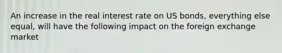 An increase in the real interest rate on US bonds, everything else equal, will have the following impact on the foreign exchange market