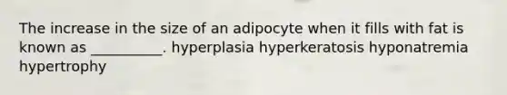 The increase in the size of an adipocyte when it fills with fat is known as __________. hyperplasia hyperkeratosis hyponatremia hypertrophy