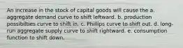 An increase in the stock of capital goods will cause the a. aggregate demand curve to shift leftward. b. production possibilties curve to shift in. c. Phillips curve to shift out. d. long-run aggregate supply curve to shift rightward. e. consumption function to shift down.