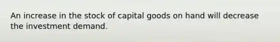 An increase in the stock of capital goods on hand will decrease the investment demand.