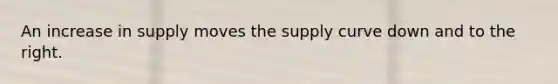 An increase in supply moves the supply curve down and to the right.