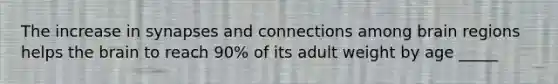 The increase in synapses and connections among brain regions helps <a href='https://www.questionai.com/knowledge/kLMtJeqKp6-the-brain' class='anchor-knowledge'>the brain</a> to reach 90% of its adult weight by age _____